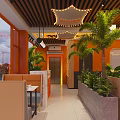Bright Restaurant Interior With Yellow Signage Orange Columns Hanging Lights Green Plants And City View