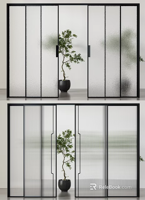 Modern Partition Screen With Frosted Glass Panels Black Frame And Potted Plant 3d model 