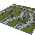 Stepping Stones Path In Garden Landscape With Green Grass And Stone Slabs