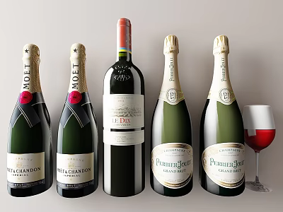 Luxury Wine Bottles and Glass Featuring Moët Chandon Perrier Jouët Champagne and Red Wine 3d model