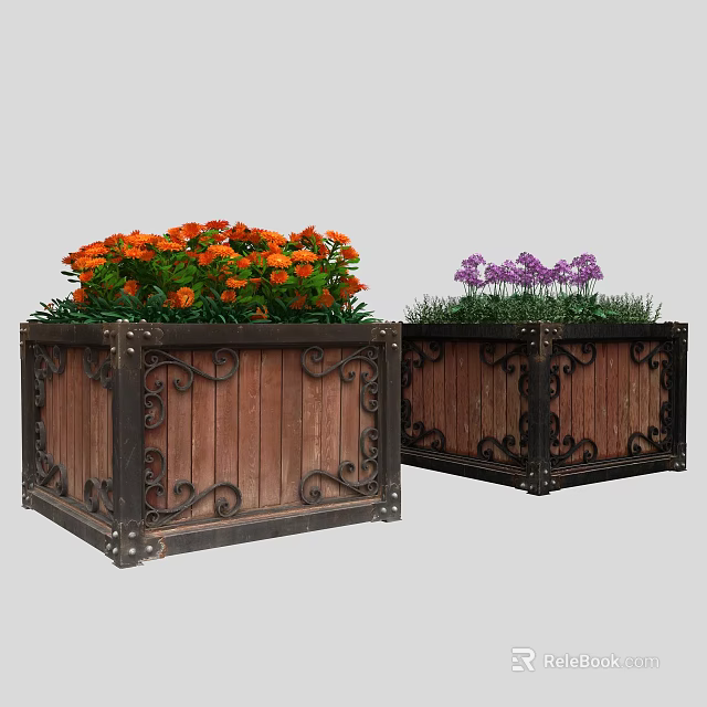Roadside Planters With Wooden Structure And Metal Decorative Frames Holding Orange Purple Flowers 3d model 
