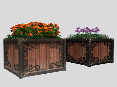 Roadside Planters With Wooden Structure And Metal Decorative Frames Holding Orange Purple Flowers 3d model