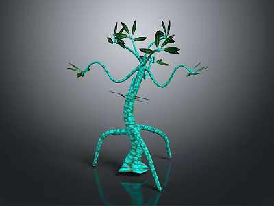 Green Sculptural Tree Art Piece With Curved Branches Leaves And Shiny Base 3d model