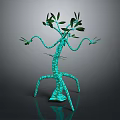 Green Sculptural Tree Art Piece With Curved Branches Leaves And Shiny Base