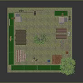 Cartoon Style Courtyard Scene With Green Fences Small Huts Red Gray Roofs Trees And Grassy Ground