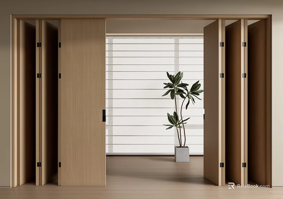 Modern Wooden Folding Doors Open to Reveal Bright Space With Window and Potted Plant 3d model 