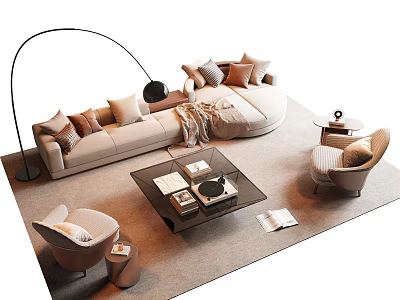 Modern L Shaped Sofa Coffee Table Set With Decorative Pillows Throw Blanket And Floor Lamp 3d model