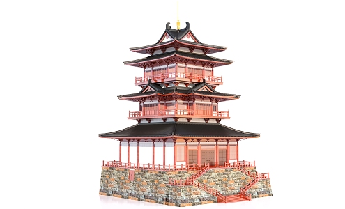 Chinese-style ancient attic tower three-story building 3d model