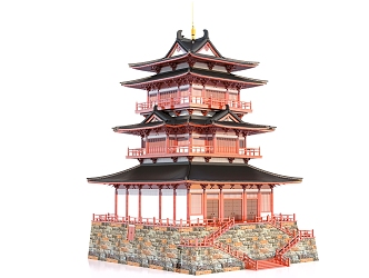 Chinese-style ancient attic tower three-story building 3d model