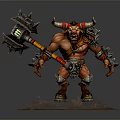 Horned Orc Warrior Holding Spiked Warhammer Armored Standing on Rock Base With Grass