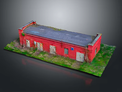 Red Vintage Building Featuring Gray Roof Grass Surroundings and Doors Windows 3d model
