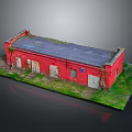Red Vintage Building Featuring Gray Roof Grass Surroundings and Doors Windows