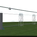 Outdoor Zip Line Recreation Equipment With Concrete Pillars Metal Frames Steel Cables Over Green Grass Field And Blue Sky Background
