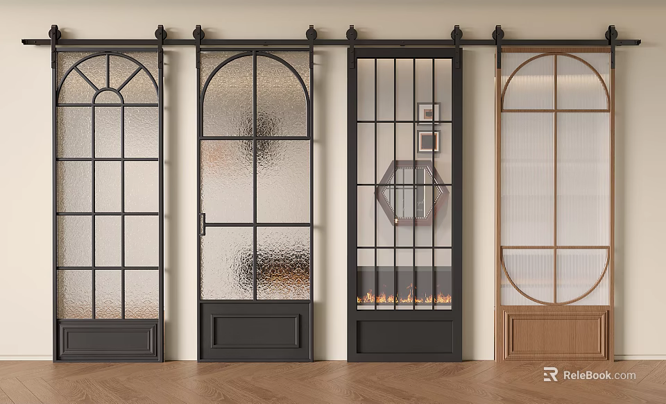 Stylish Barn Doors With Glass Panels Metal Frames And Diverse Design Patterns 3d model