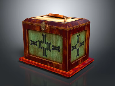 Vintage Wooden Storage Box With Leather Handle Green Panels And Black Cross Patterns 3d model