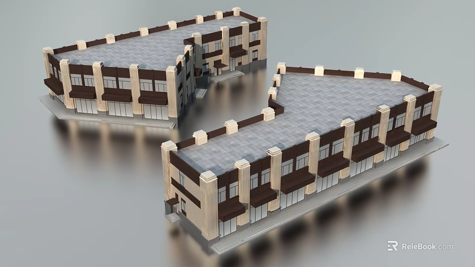 Modern Commercial Complex With Multi Storey Retail Spaces Beige Brown Facade And Flat Roof Design 3d model 