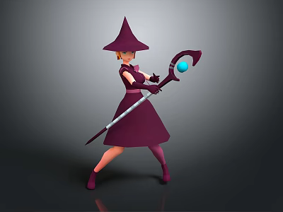 Woman In Purple Wizard Costume With Pointed Hat Holding Magic Wand And Blue Gem 3d model
