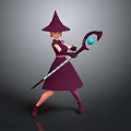 Woman In Purple Wizard Costume With Pointed Hat Holding Magic Wand And Blue Gem
