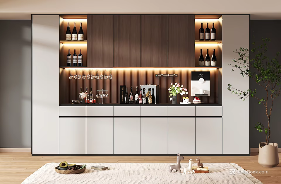 Sleek Modern Wine Cabinet With LED Lighting Wine Bottle Display Glass Holder And Decorative Shelf 3d model 
