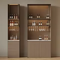 Modern Wooden Wine Cabinet With Shelves Holding Wine Bottles And Glasses