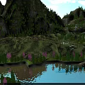 Stunning Natural Landscape With Terraced Fields Mountains Lush Trees Purple Flowers And Lake Reflections