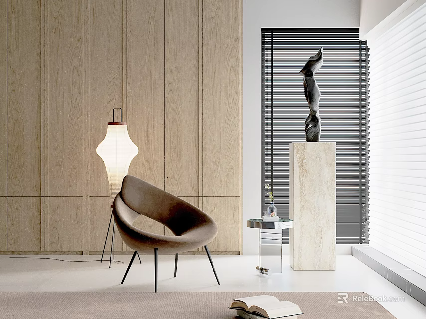 Modern Interior Decorative Ornament Set With Sculpture On Marble Pedestal And Wooden Wall Backdrop 3d model 