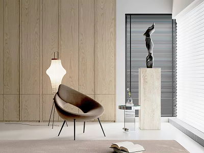 Modern Interior Decorative Ornament Set With Sculpture On Marble Pedestal And Wooden Wall Backdrop 3d model