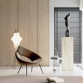 Modern Interior Decorative Ornament Set With Sculpture On Marble Pedestal And Wooden Wall Backdrop