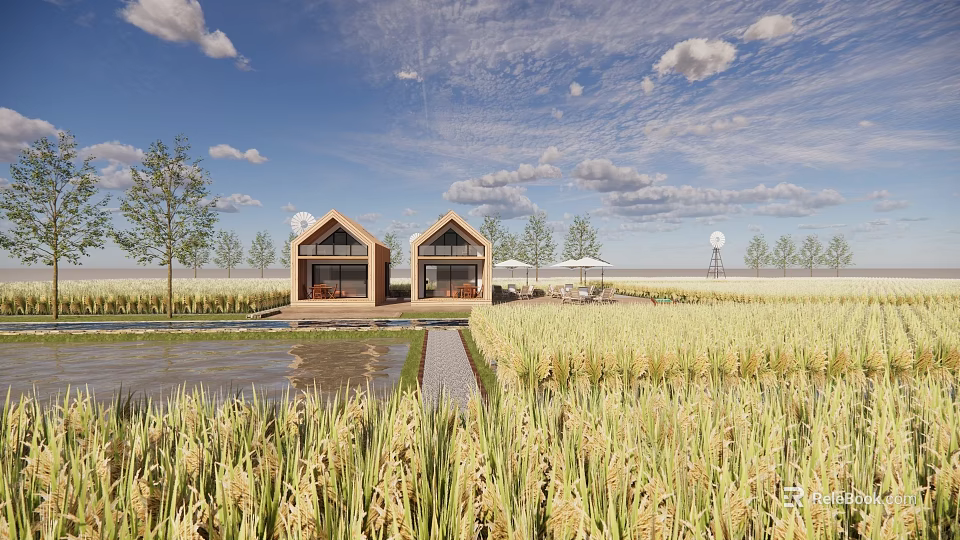 Rural Landscape with Golden Rice Fields Two Wooden Houses and Calm Pond 3d model 