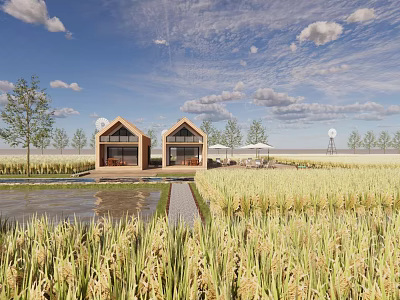 Rural Landscape with Golden Rice Fields Two Wooden Houses and Calm Pond 3d model
