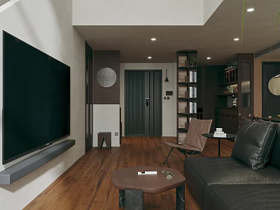 Stylish Comfortable Modern Living Room With Leather Sofa Large TV And Natural Wooden Flooring 3d model
