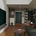 Stylish Comfortable Modern Living Room With Leather Sofa Large TV And Natural Wooden Flooring