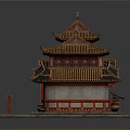 Cartoon Style Chinese Traditional Building with Multi tiered Roofs Red Gold Decorations and Small Lantern