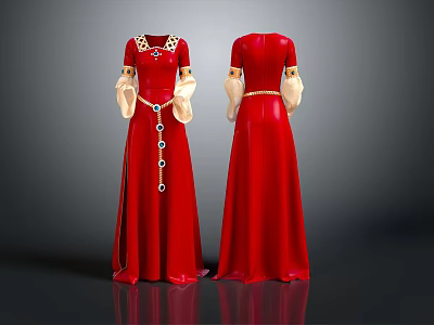 Elegant Red Long Dress Front Back View With Golden Belt And Lace Sleeves 3d model