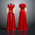 Elegant Red Long Dress Front Back View With Golden Belt And Lace Sleeves