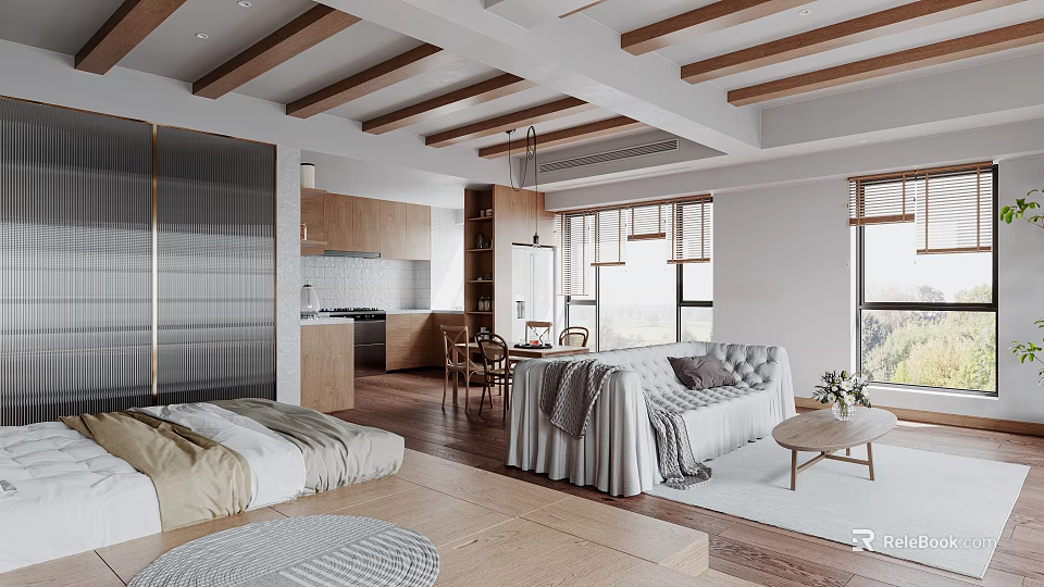 Modern Minimalist Apartment Interior With Open Layout Wooden Ceilings And Kitchen 3d model 