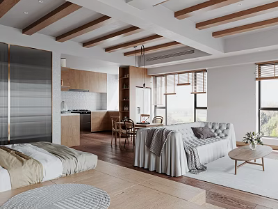 Modern Minimalist Apartment Interior With Open Layout Wooden Ceilings And Kitchen 3d model