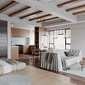 Modern Minimalist Apartment Interior With Open Layout Wooden Ceilings And Kitchen