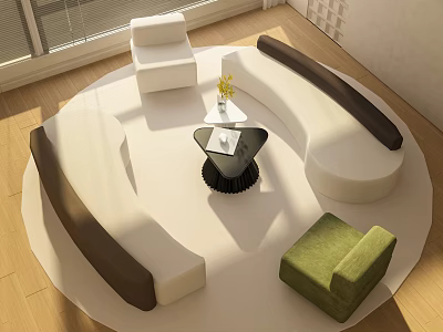 Contemporary Round Sofa Coffee Table Set With White Brown Seats Black Table And Green Chair 3d model