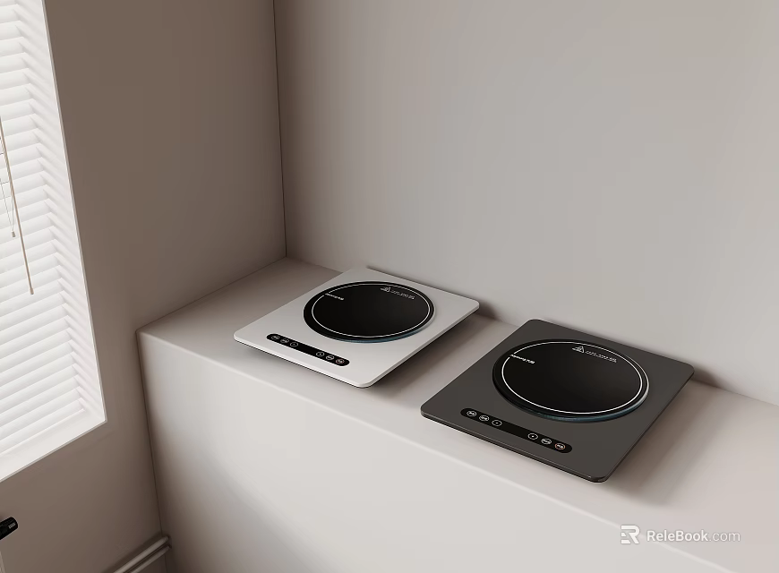 Kitchen Corner With Dual Induction Cooktops White And Black On White Countertop Near Window Blinds 3d model 