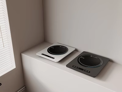 Kitchen Corner With Dual Induction Cooktops White And Black On White Countertop Near Window Blinds 3d model