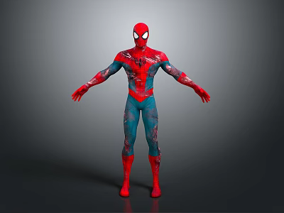 SpiderMan Character In Red And Blue Torn Suit Standing With Arms Outstretched 3d model