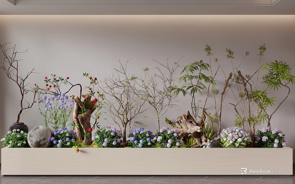 Natural Plant Arrangement With Purple Flowers Dried Branches Ferns Red Berries Stones On White Shelf 3d model 