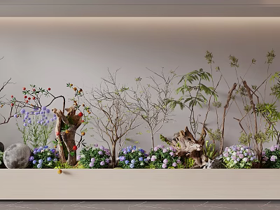 Natural Plant Arrangement With Purple Flowers Dried Branches Ferns Red Berries Stones On White Shelf 3d model