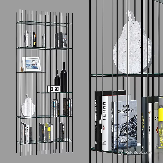 Modern Metal Frame Storage Shelving Unit With Glass Shelves And Decorative Items 3d model 