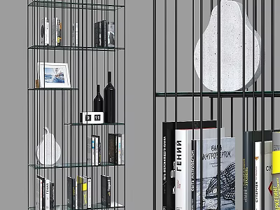 Modern Metal Frame Storage Shelving Unit With Glass Shelves And Decorative Items 3d model