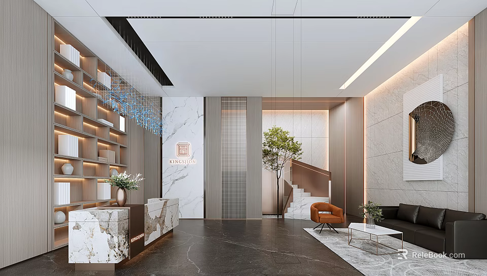 Modern Hotel Lobby Interior Featuring Marble Reception Desk Staircase Sofa And Green Plant 3d model 
