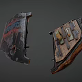 Worn Metal Shields As Medieval Defensive Weapon With Red Black Text Metal Buckle Wooden Texture