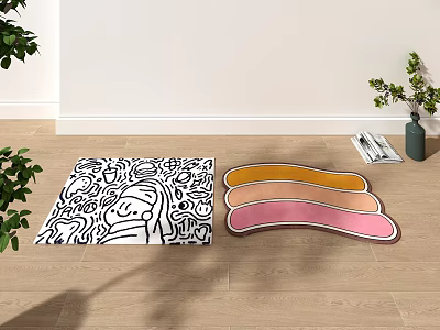 Stylish Shaped Rugs with Black White Line Pattern and Colorful Wavy Shape on Wooden Floor 3d model