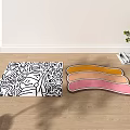 Stylish Shaped Rugs with Black White Line Pattern and Colorful Wavy Shape on Wooden Floor